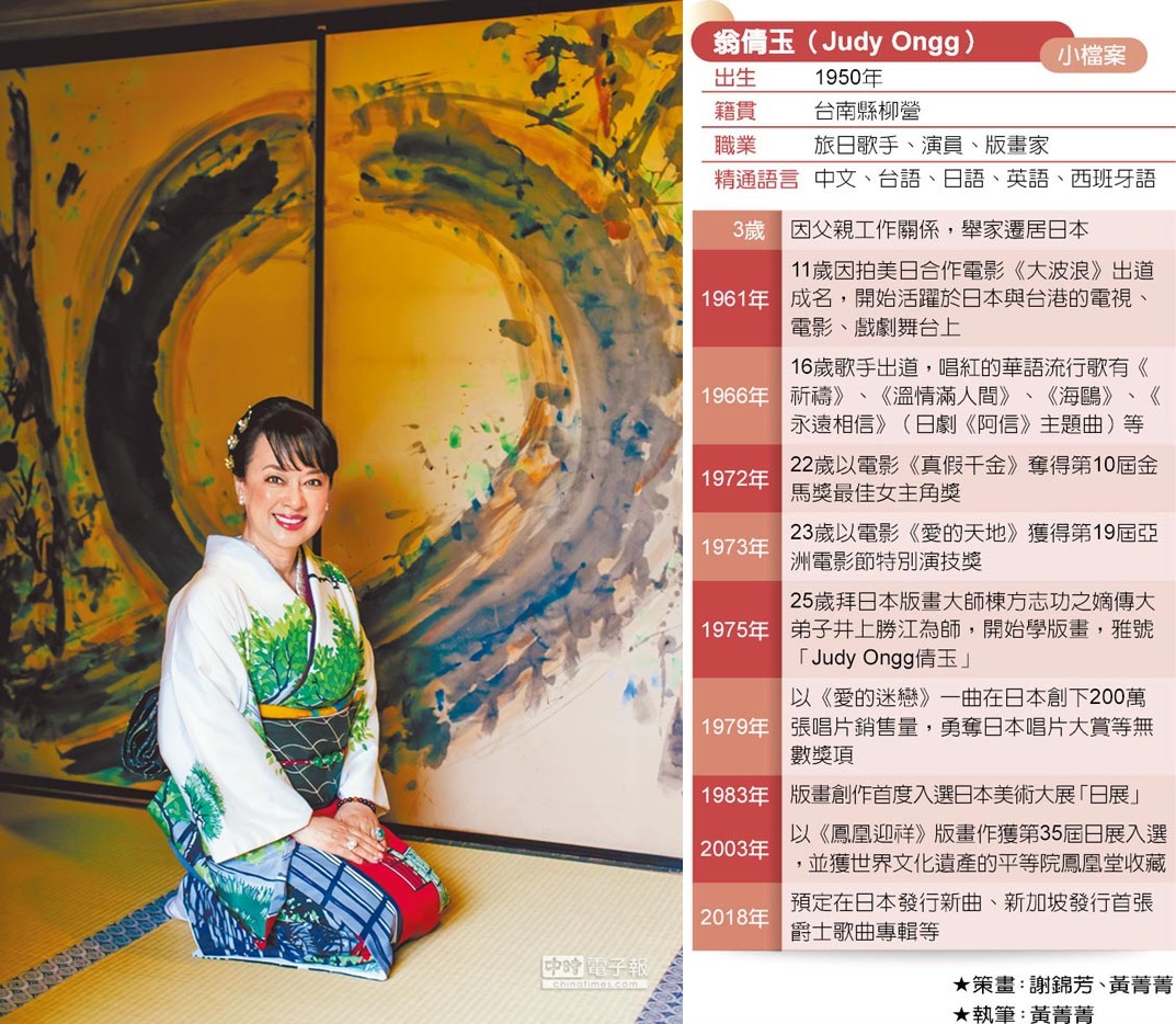 翁倩玉作品《廊橋淺秋》去年11月獲京都東本願寺收藏,寺內還收藏著她的師祖棟方志功畫作,翁倩玉特地穿著自己版畫創作和服與棟方的畫作合影。(HEEMORY翁倩玉經紀公司提供)