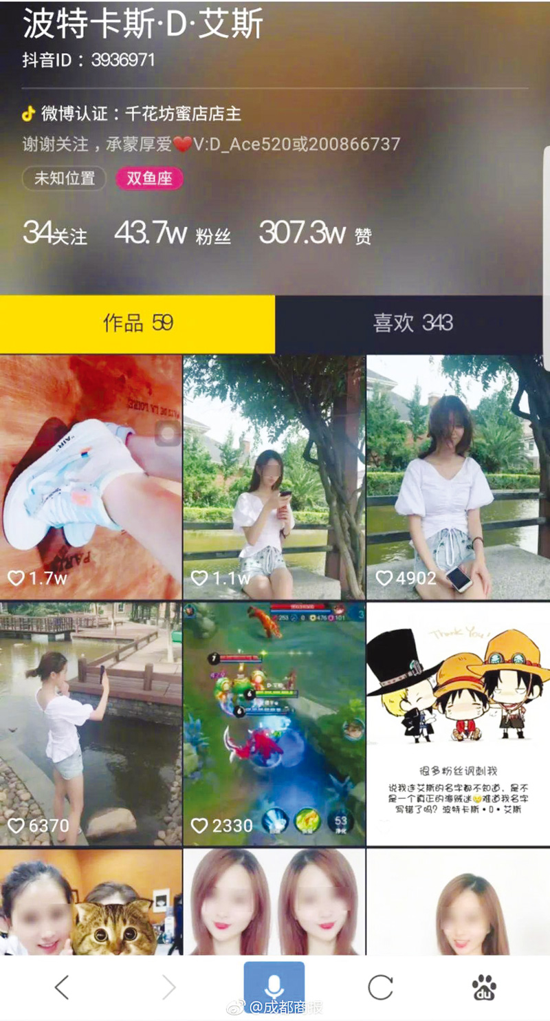 陳巧丰抖音圈粉40多萬,近300萬按讚。(取自微博@成都商報)