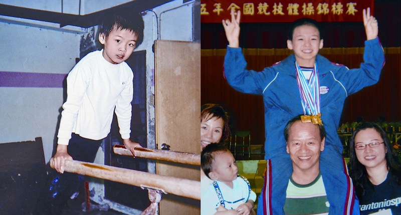 唐嘉鴻(左圖、右圖上)在幼稚園中班時,台北市體操推廣中心由啟蒙老師莊鴻森(右圖中)帶入體操的世界,右圖左為母親王家凌。(唐嘉鴻提供)