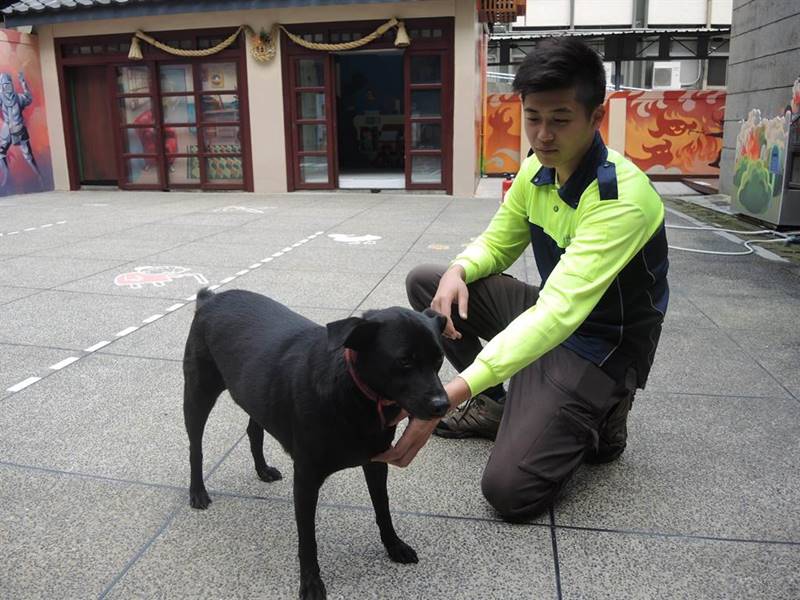 米血與時常餵牠的分隊成員相當親暱。(邱立雅攝)