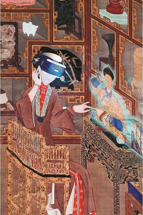 后妃圖玩穿越,戴起VR眼鏡與雍正傳情。(取自新浪微博@人民網西文版)