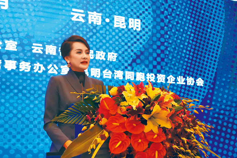 昆明台協會長勤彭蓁正積極爭取國民黨的不分區立委提名。圖為她今年6月25日在雲台會上致詞。 (本報系資料照片)