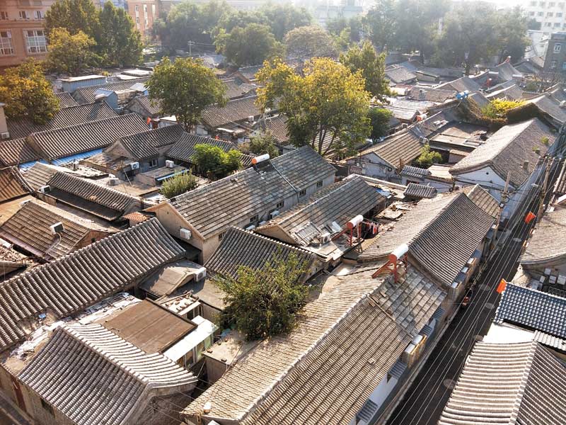 北京隆福寺旁,由一片灰瓦構圖出的北京老胡同。(記者陳君碩攝)