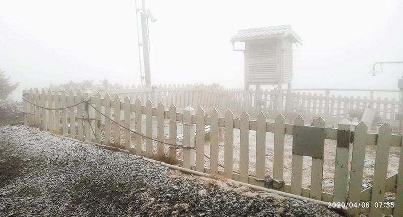 玉山4月飄雪,玉山氣象站觀測坪點綴雪花。(玉山氣象站提供/廖志晃南投傳真)