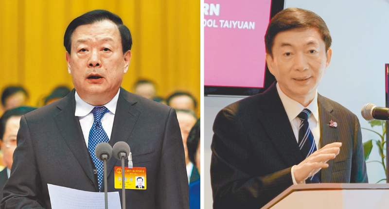 目前兼任祕書長的政協副主席夏寶龍(左),已於2月兼任港澳辦主任。香港中聯辦主任駱惠寧(右)。(中新社資料照片)