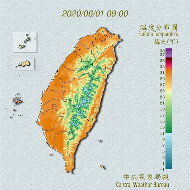 「滯留鋒」仍在東海至台灣北部海面一帶南北徘徊,台灣都在暖氣團內,高溫約35、36度。(翻攝自中央氣象局/林良齊台北傳真)