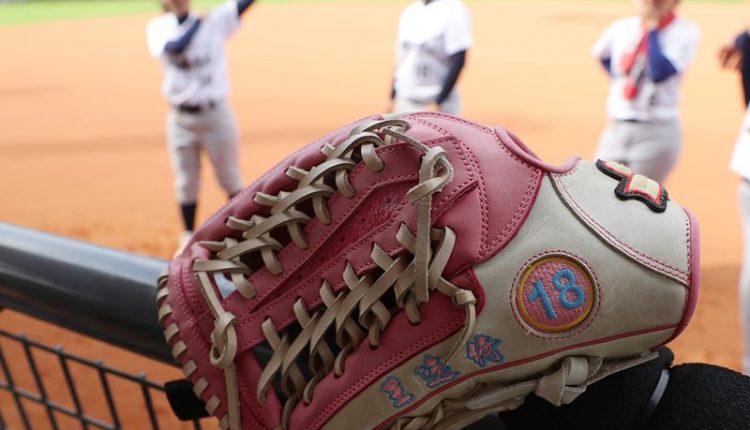 王逸綺的棒球手套選用她最喜歡的粉紅色系列。（季志翔攝）