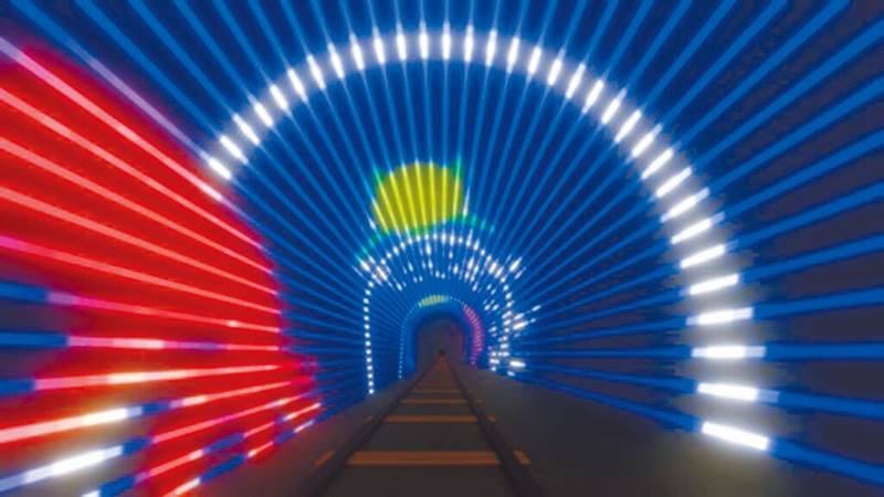 深澳鐵道自行車3月起進行深澳隧道修復補強,目前已完工,正進行隧道及夜間營運光環境的裝設,圖為光隧道模擬圖。(新北市觀旅局提供/陳慰慈新北傳真)