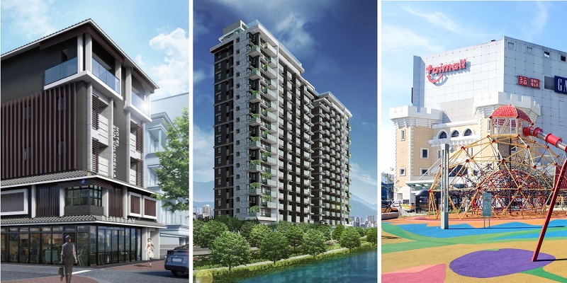 綠矩整合經手了三項全球最高分專案:左起為日本京都「Hotel Sun Chlorella」、新北市「灣岸Villa」、桃園「台茂購物中心」。